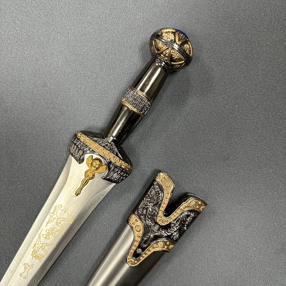 Roman Dagger and Scabbard on Gray Background